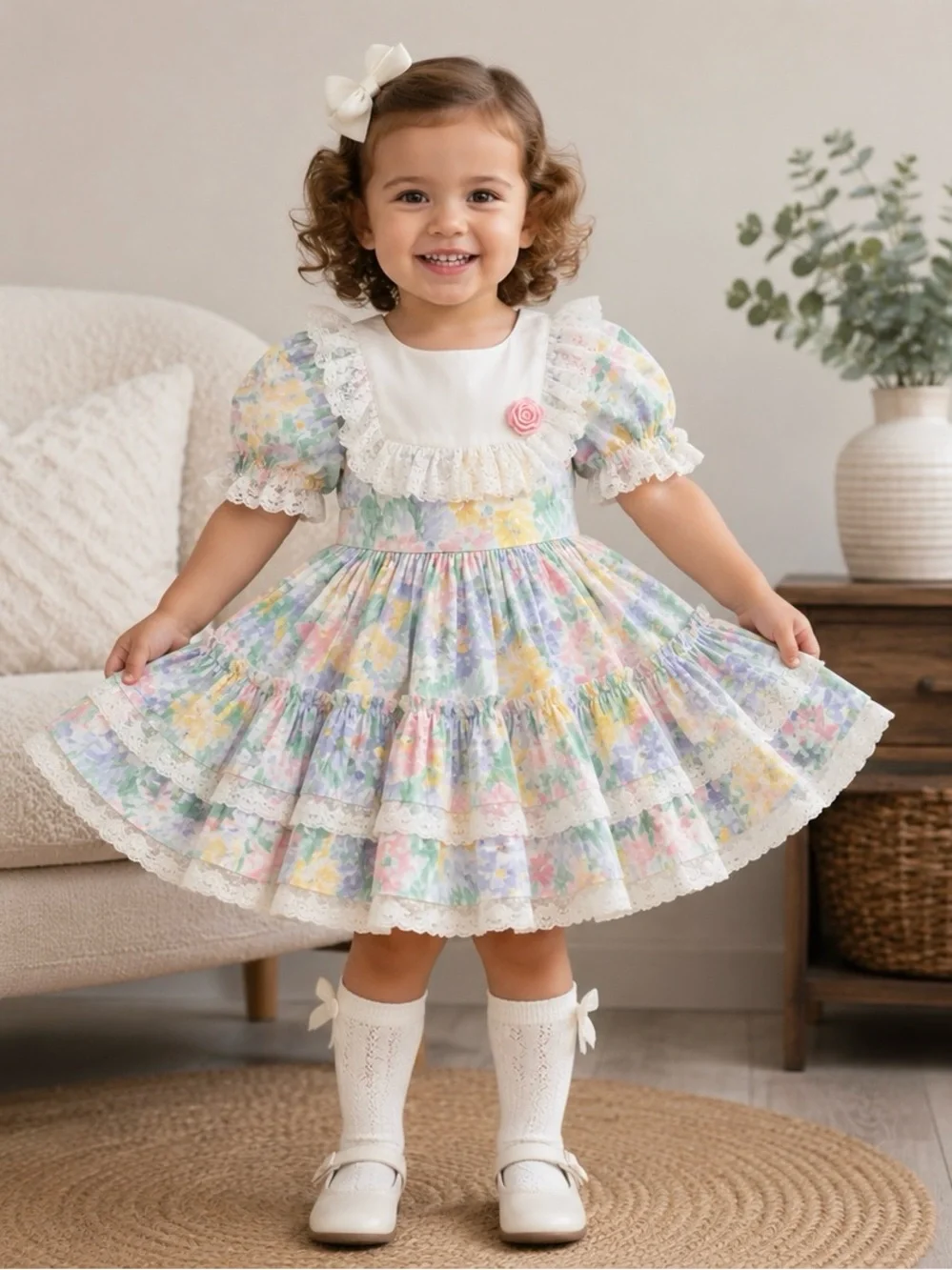 Pastel Floral Lace Dress with Ruffled Bib for Girls